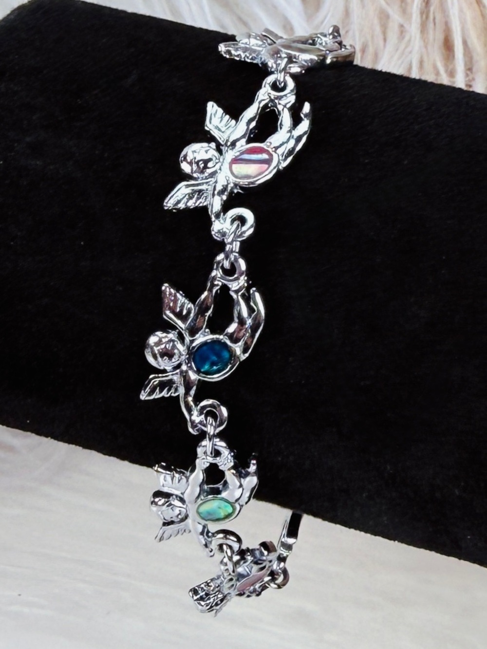 Vintage Silvertone angel linked tennis bracelet